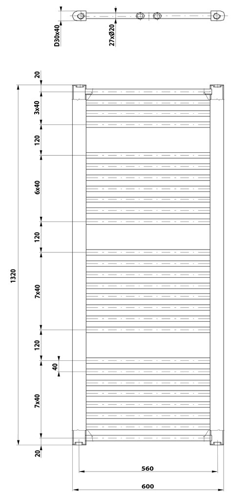 Aqualine Aqualine, DIRECT vykurovacie teleso s bočným pripojením 600x1320 mm, 795 W, biela, ILR36T