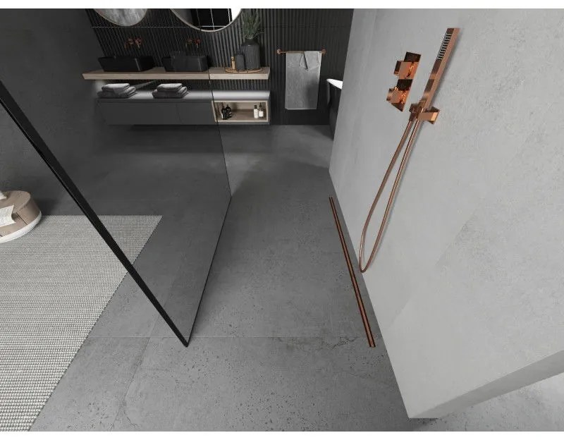 Mexen Kioto, priechodná sprchová zástena 100 x 200 cm, 8mm sklo číre s čiernym rámom, 2x zlatá stabilizačná rozpera, profil ružové zlato, 800-100-002-60-70