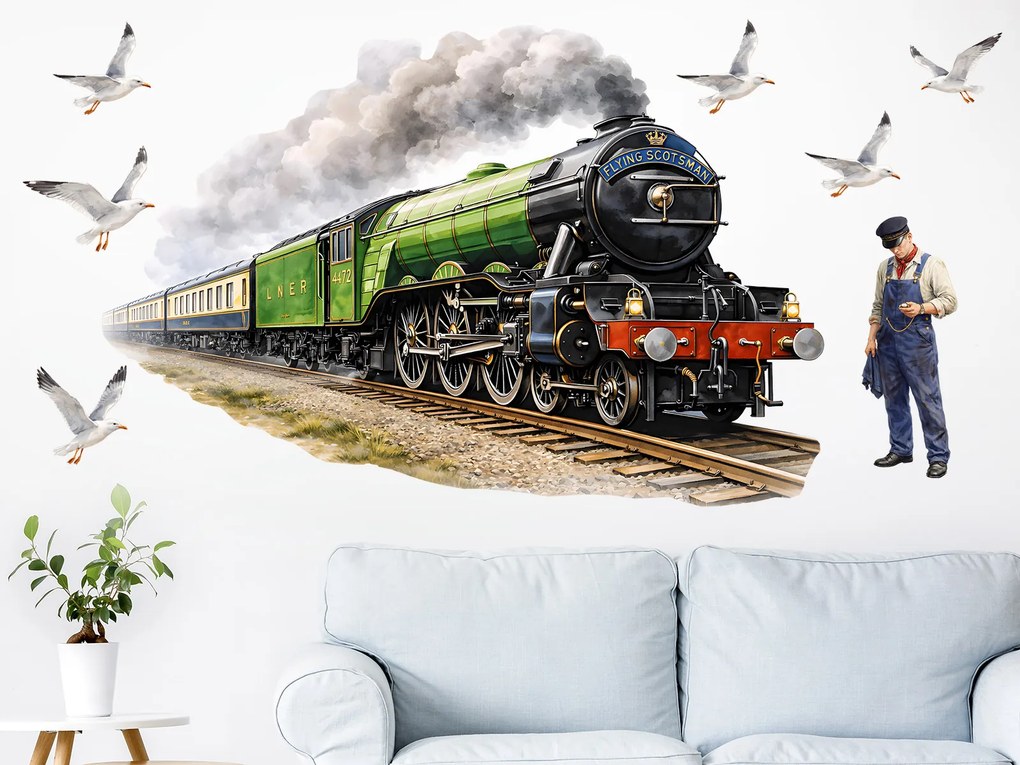 Vlak Flying scotsman textilní prelepiteľná nálepka na stenu hárok 75 x 50 cm