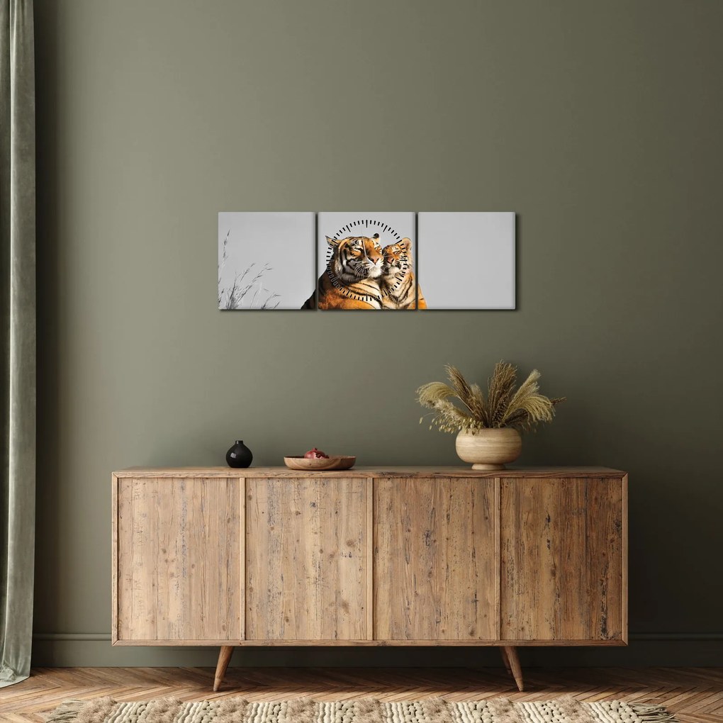 Obraz - Tigrice a jej mláďa, čiernobiely variant (s hodinami) (90x30 cm)