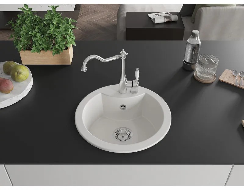 Mexen Diego, granitový drez 488x488x167 mm, 1-komorový a drezová batéria Carla, biela, 6512-20-670700-00