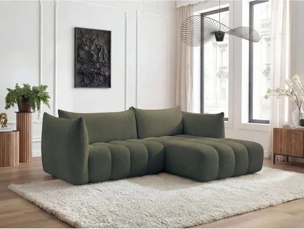 Zelená rohová pohovka z textílie buklé (pravý roh/s leňoškou) Azra – Bobochic Paris