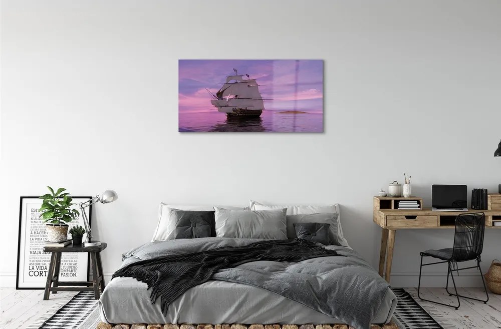 Obraz na skle Fialové neba ship sea 120x60 cm