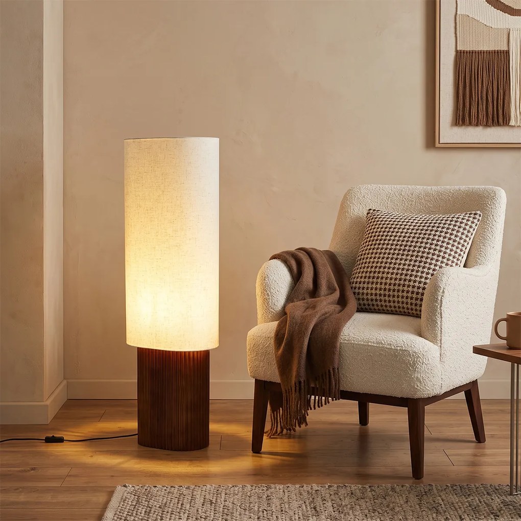 Japandi stojacia lampa z orechového dreva s látkovým tienidlom 90 cm - Lamel