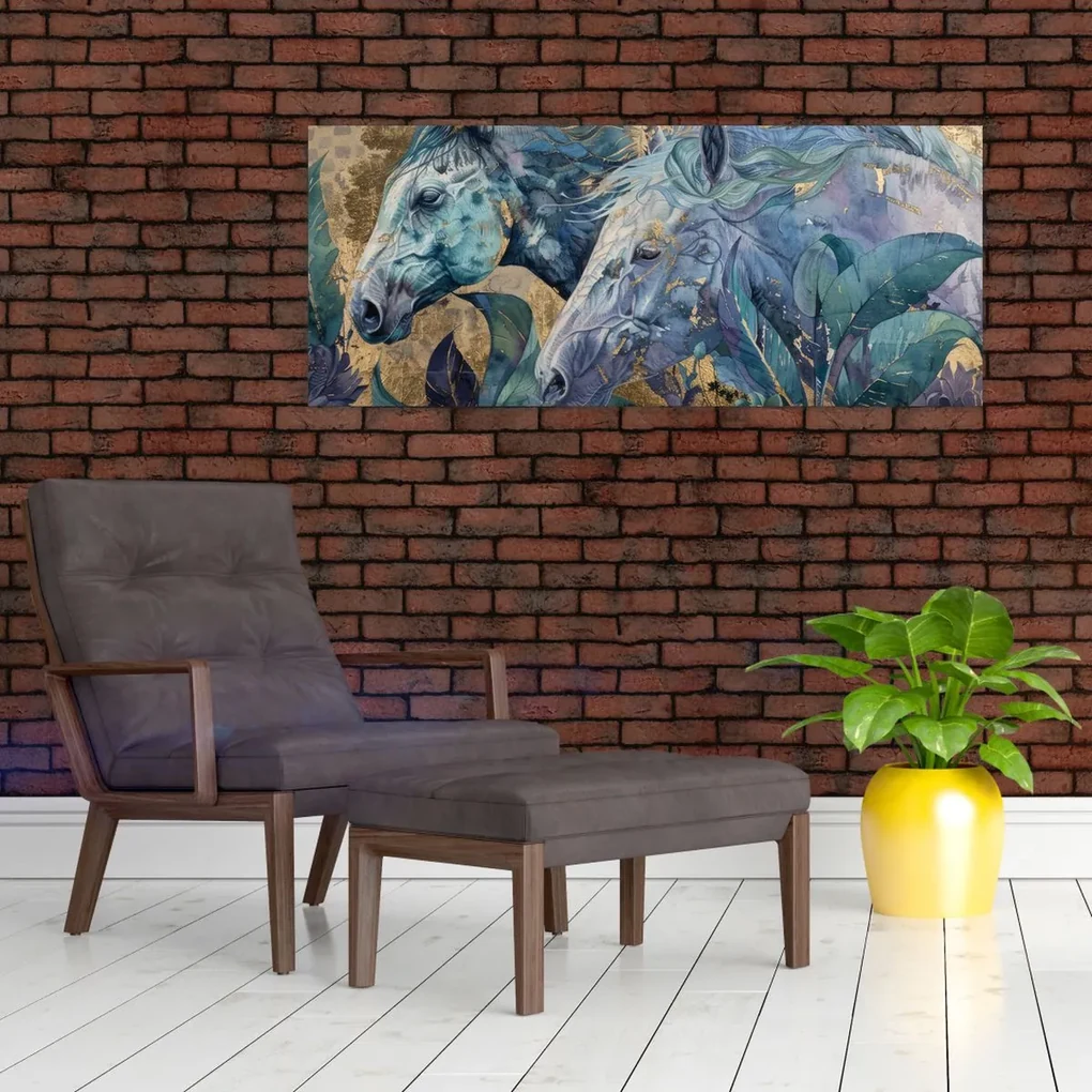 Obraz - Kone so zlatým pozadím (120x50 cm)