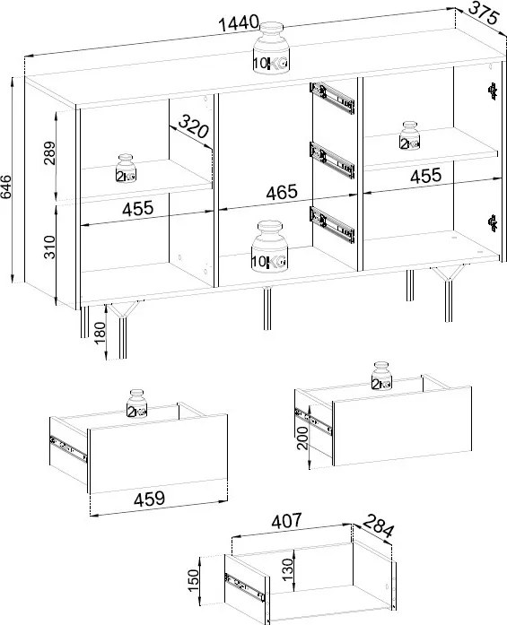 Komoda so zásuvkami Raven, čierna