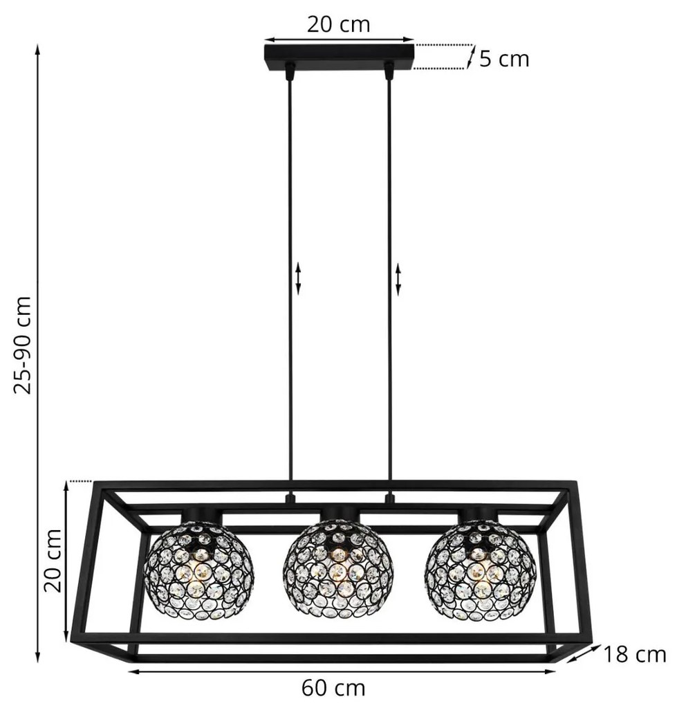 Závesné svietidlo Crystal cage, 3x čierne krištáľové tienidlo v kovovom ráme