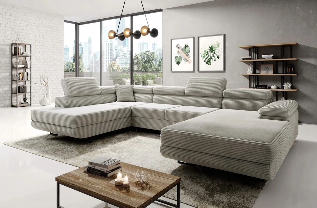 Veľký krémový rohovník Astorp U, ľavá strana s funkciou spania