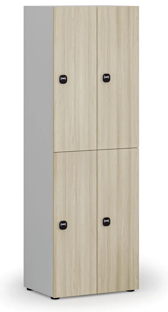 Drevená šatníková skrinka S4 s úložnými boxmi, 4 boxy, demont, RFID zámok, sivá/dub prírodný