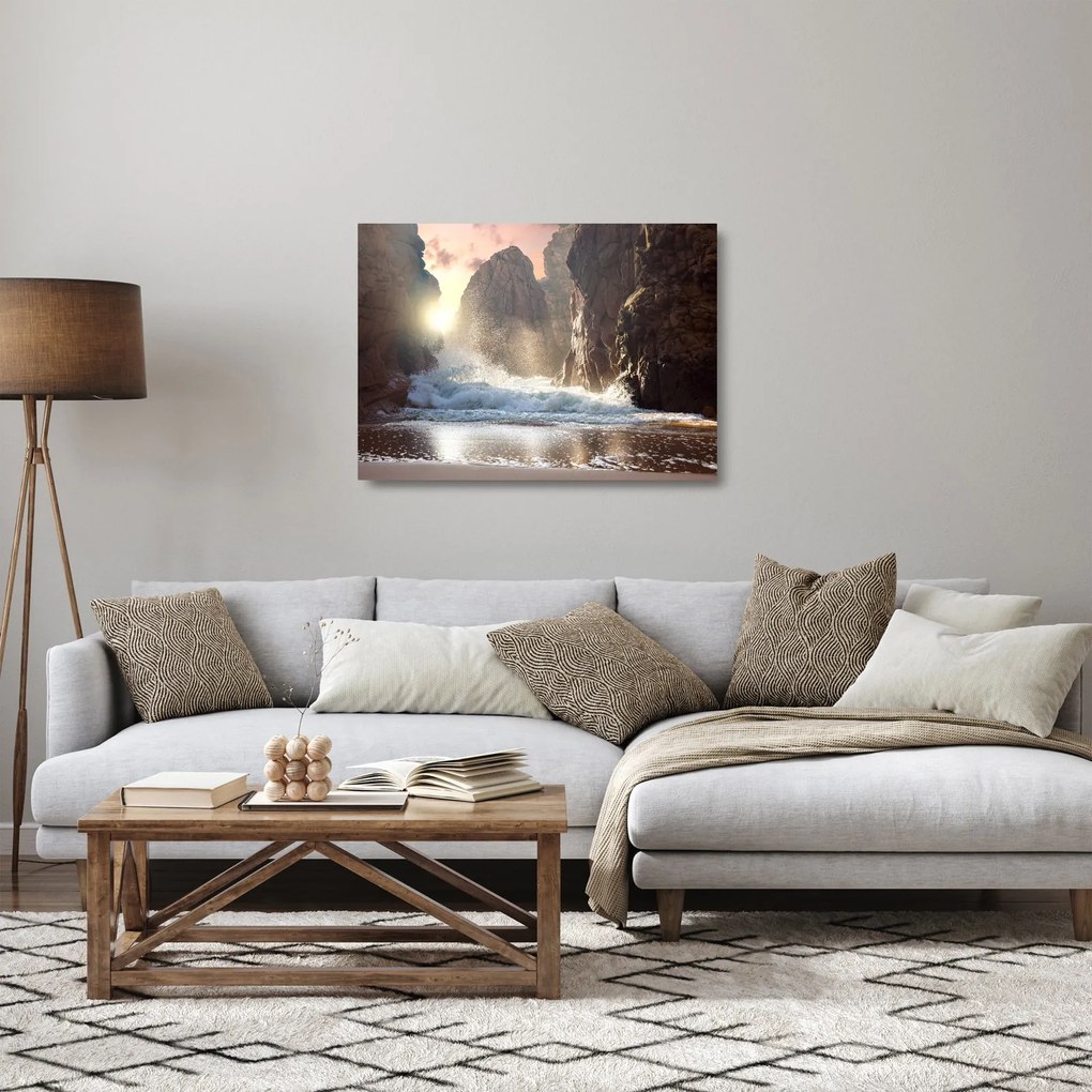 Sklenený obraz - Skaly a vlny oceánu (70x50 cm)