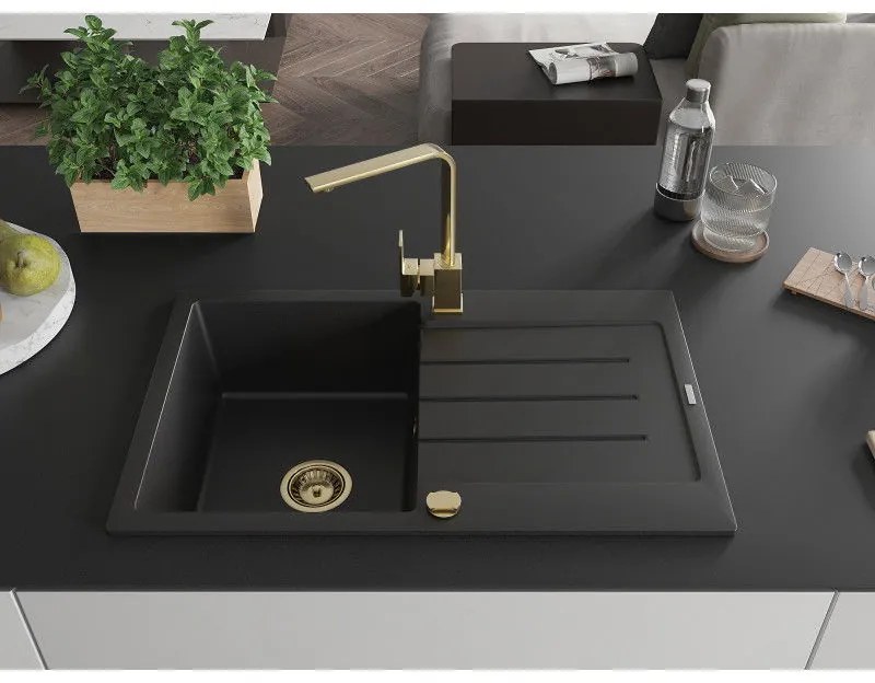 Mexen Bruno, drez granitový 795x495x200 mm, 1-komorový, čierna so zlatým sifónom a zlatá drezová batéria Rita, 6513-77-670300-50