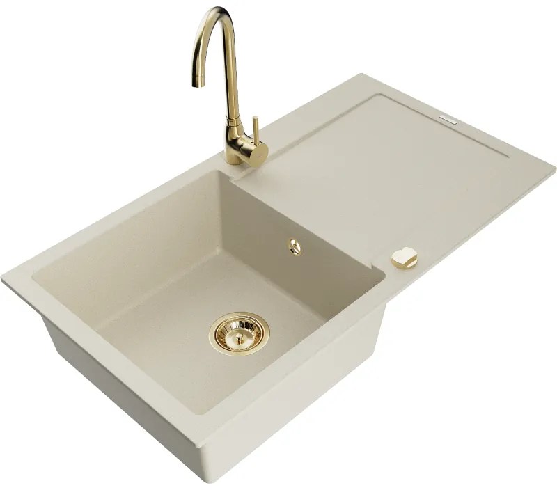 Mexen Leo, drez granitový 900x500x190 mm, 1-komorový a zlatá batéria Telma, béžová, 6501-69-670200-50