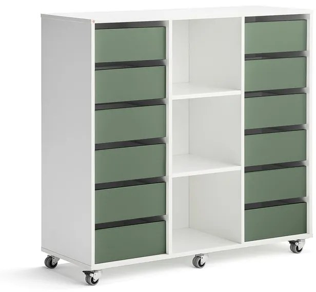 Úložná skriňa CASPER, 12 zásuviek, 3 priehradky, biela, tmavozelená