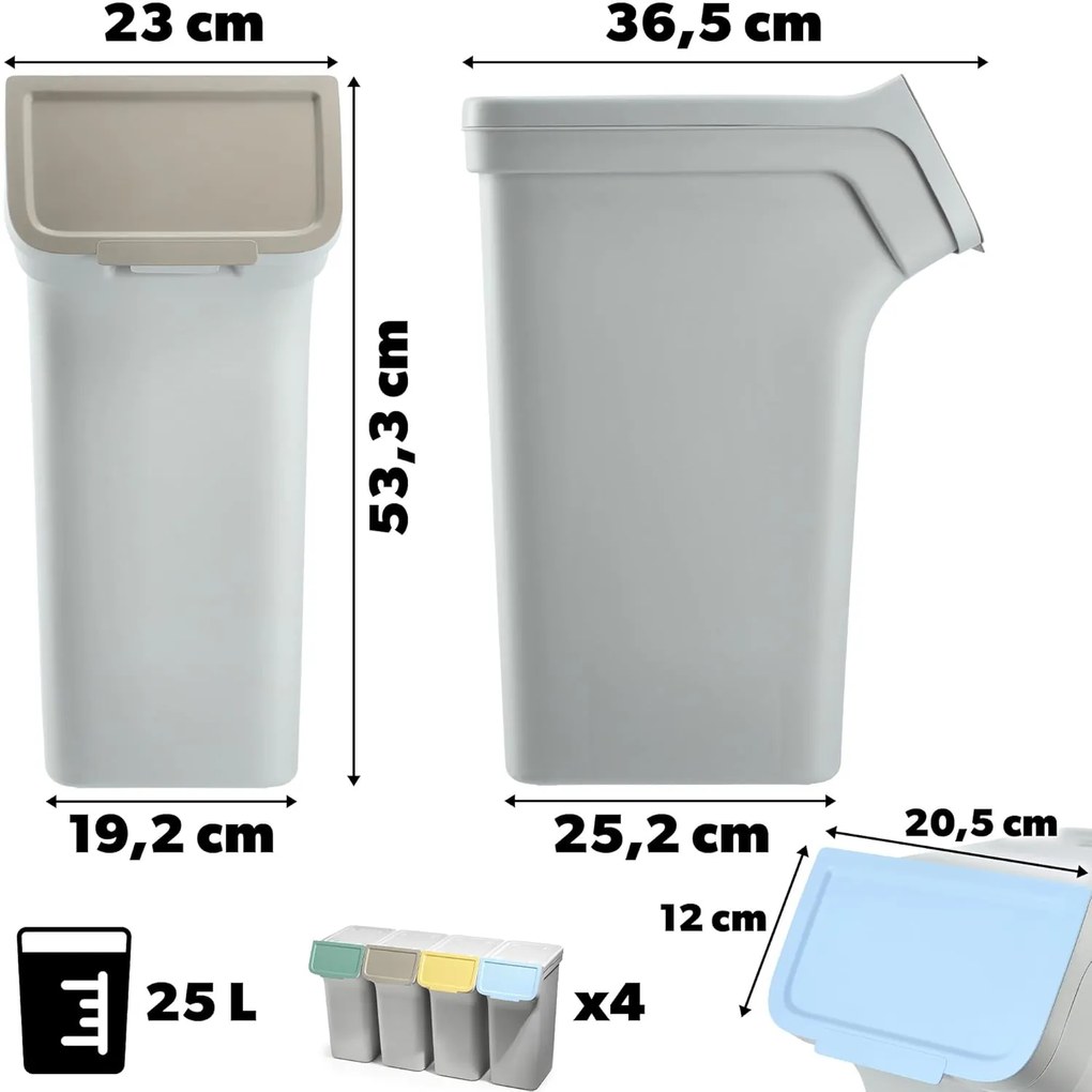Prosperplast Odpadkové koše / Koše na špinavú bielizeň sada 4x25l, STACKBOX - bielo-sivá