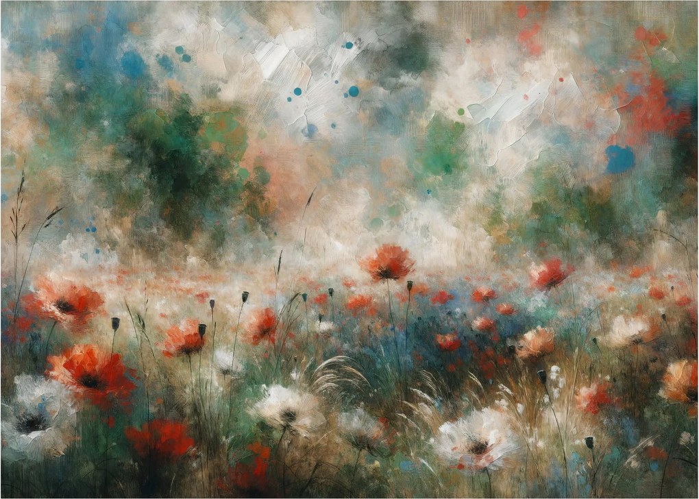 Sklenený obraz – Abstrakcia poľa s makmi (70x50 cm)