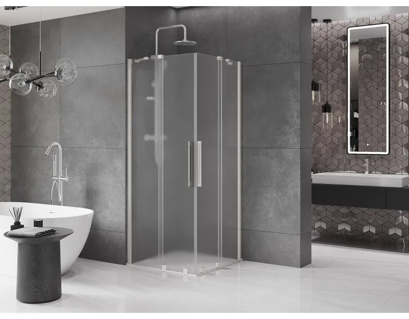 Mexen Velar Duo, sprchový kút s posuvnými dverami 90 x 90 cm, 8mm sklo námraza, brúsená oceľ, 871-090-090-32-97