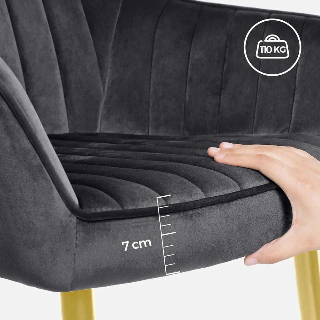 Jedálenská zamatová stolička s lakťovou opierkou, sivá a zlatá