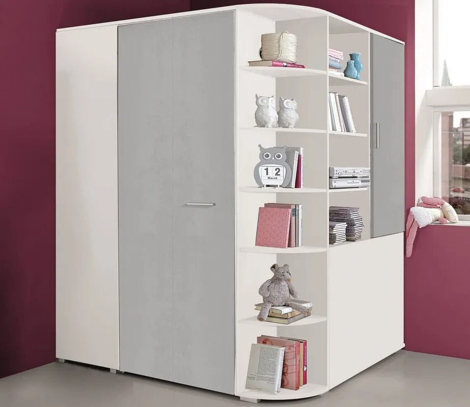 Rohová šatňa - Šatníková skriňa Joker, biela / sivý betón