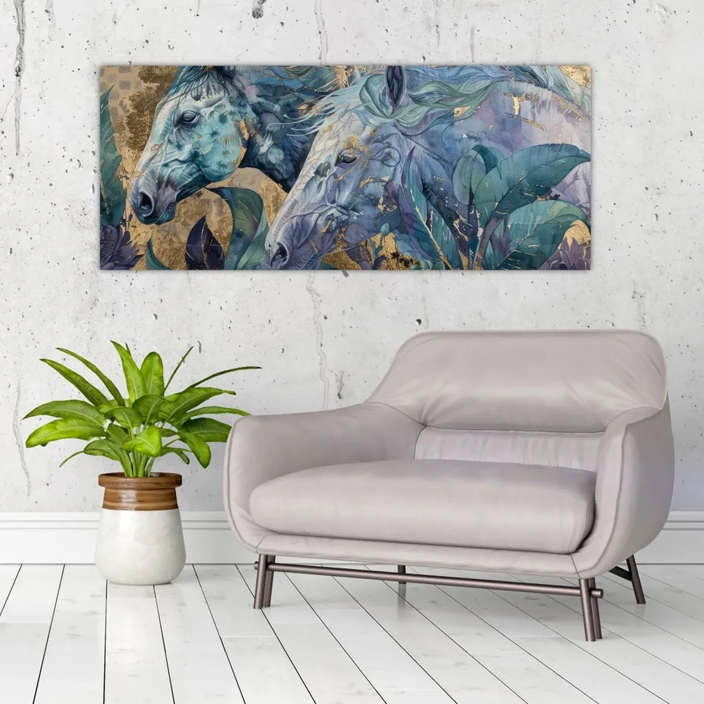 Obraz - Kone so zlatým pozadím (120x50 cm)