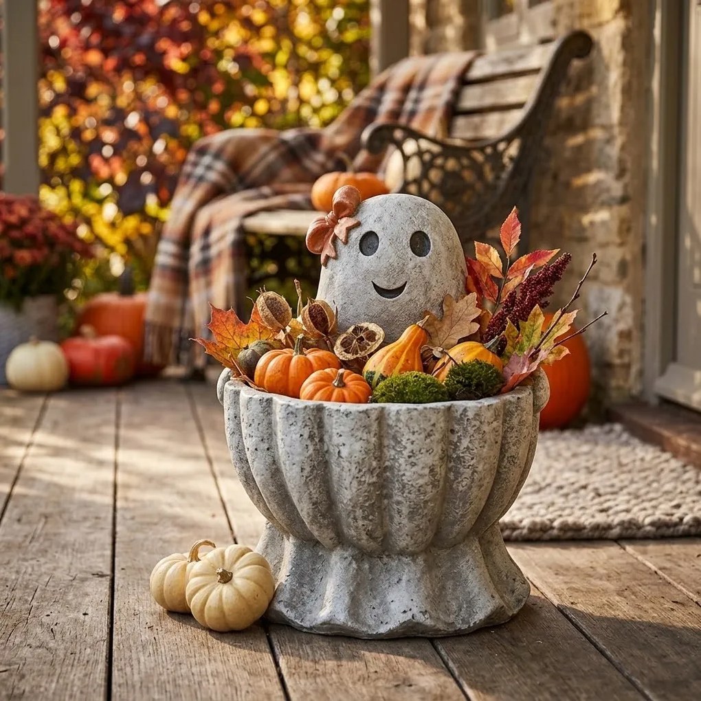 Šedá antik dekorácia kvetináč duch s tekvicou Pumpkin - 37*34*47 cm