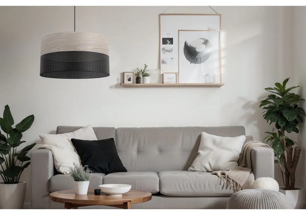 Závesné svietidlo Wood, 1x svetlobéžová dubová dýha/čierne PVC tienidlo, (fi 40cm)