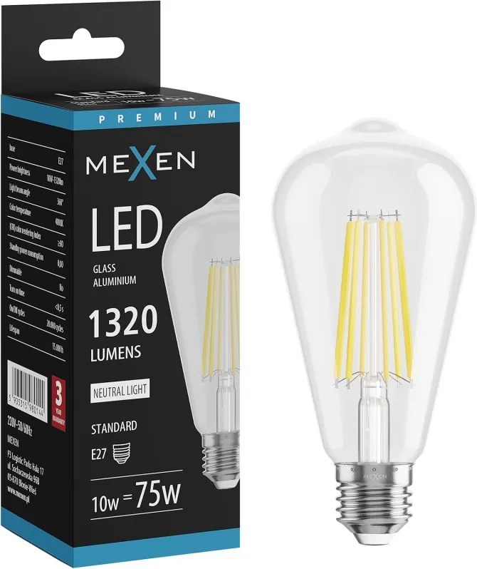 Mexen Vintis, LED filamentová žiarovka E27, ST64, 10 W, neutrálna biela 4000K, číra, L152-E27-1040-00