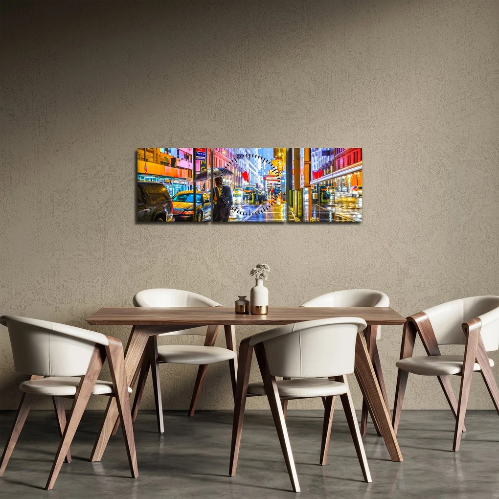 Obraz - Mesto v neónovej žiare (s hodinami) (90x30 cm)