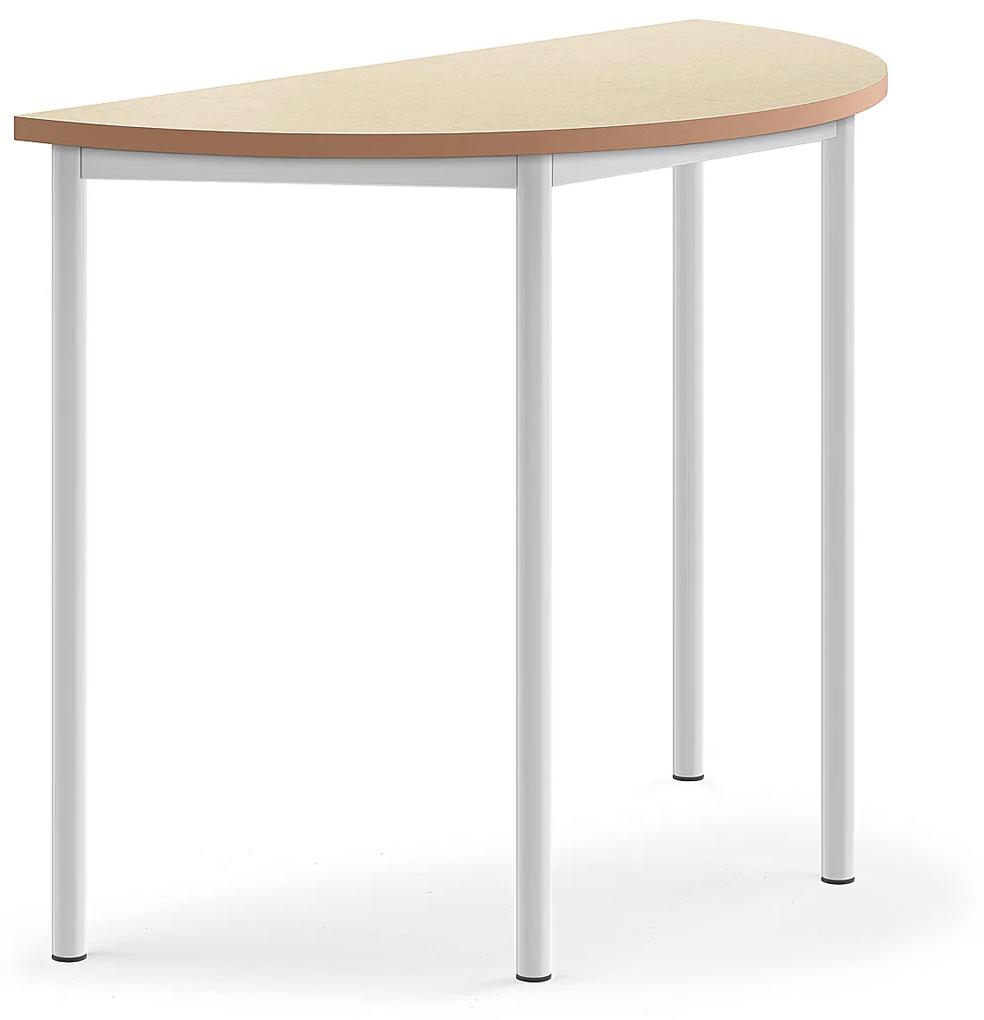 Stôl SONITUS, polkruh, 1200x600x900 mm, linoleum - béžová, biela