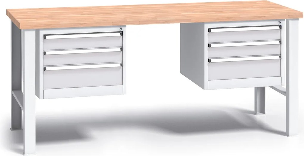 Pracovný stôl do dielne G3 s 2 závesnými boxami na náradie, buková škárovka, 6 zásuviek, pevné kovové nohy, 2000 mm, sivá