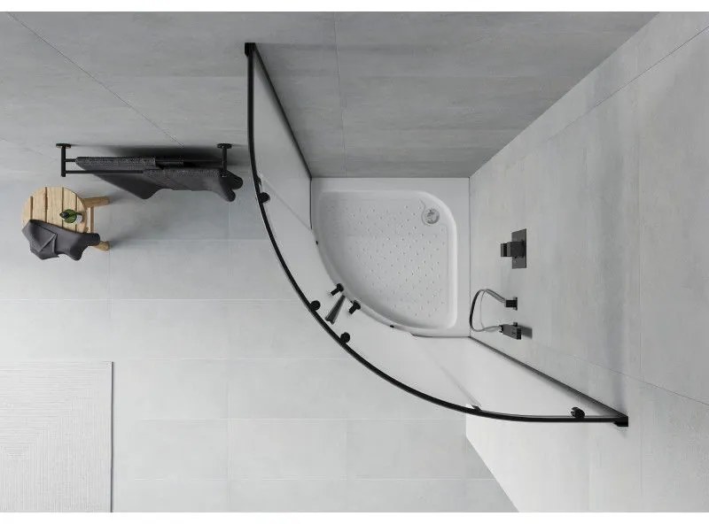 Mexen Rio, štvrťkruhový sprchovací kút s posuvnými dverami 70(dvere) x 70(dvere) x 190 cm, 6mm sklo námraza, čierny profil + biela sprchová vanička RIO, 863-070-070-70-30-4710