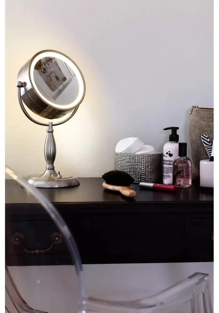 Stolová zrkadlo s osvetlením v striebornej farbe Markslöjd Face, ø 16,2 cm