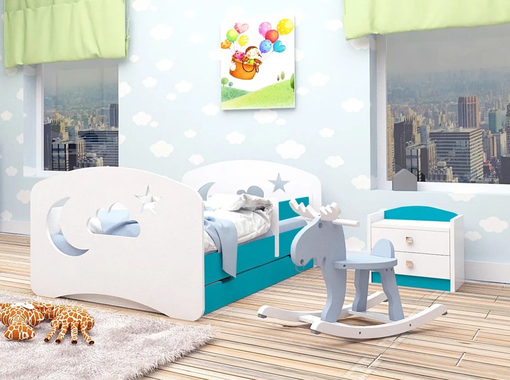 Happy Babies Detská posteľ Happy dizajn/oblak,hviezda,mesiačik Farba: Modrá / biela, Prevedenie: L10 / 90 x 200 cm / S úložným priestorom