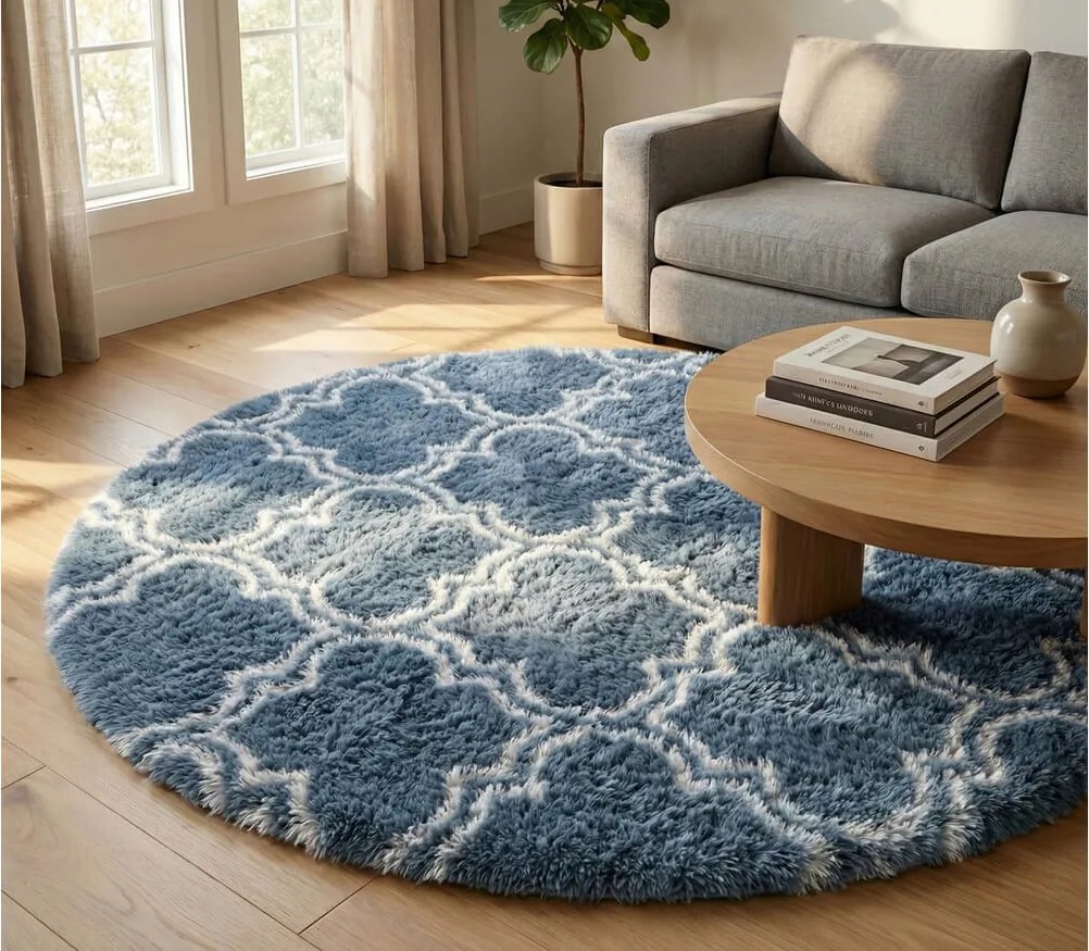 TZ Sivo-modrý okrúhly vzorovaný koberec shaggy Decor Latern Rozmer: 140 cm