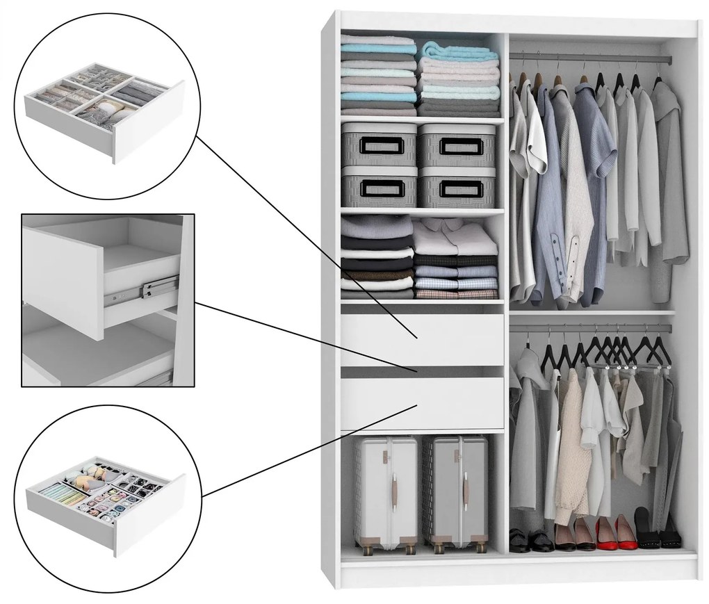Šatníková skriňa 133 cm Belini čierny mat / biely mat s posunými dverami zrkadlom a zásuvkami MBP SZP6/1/B/W/0/KLP