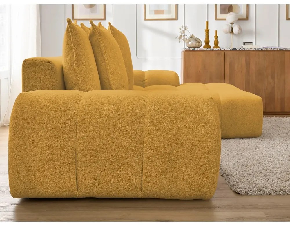 Ženilková rozkladacia/s úložným priestorom rohová pohovka v horčicovej farbe (pravý roh/s leňoškou) Everest – Bobochic Paris