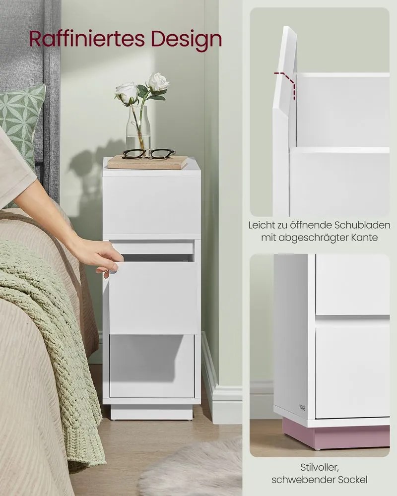 VASAGLE Úzky nočný stolík s 2 zásuvkami – LET656 Farba: biela