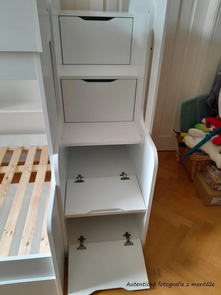 Detská poschodová posteľ s rozšíreným spodným lôžkom a zásuvkou HARRY biela - 200x90/120 cm