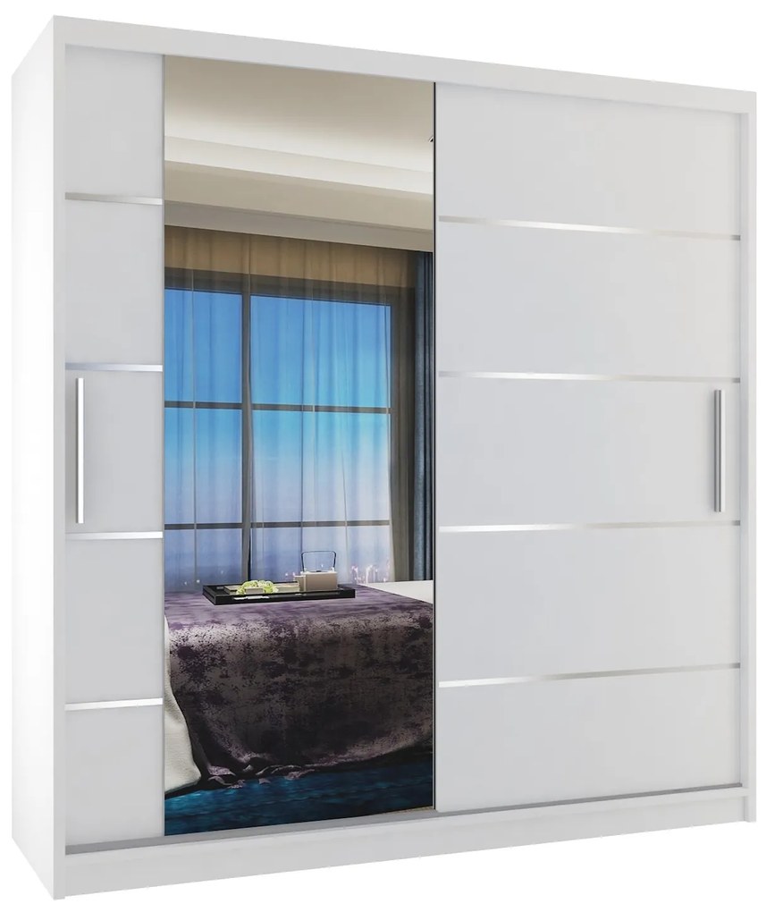 Šatníková skriňa 158 cm Belini biely mat s posuvnými dverami zrkadlom a zásuvkami MBP SZP7/0/W/W/0/KLAL