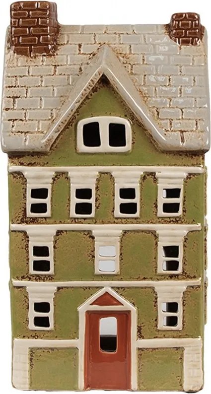 Zelený keramický svietnik na čajovú sviečku domček Amster Village - 14*10*26 cm