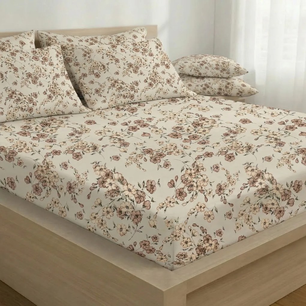 Kvalitex Bavlnené napínacie prestieradlo Kvítíbéžové, 90 x 200 cm, 90 x 200 cm