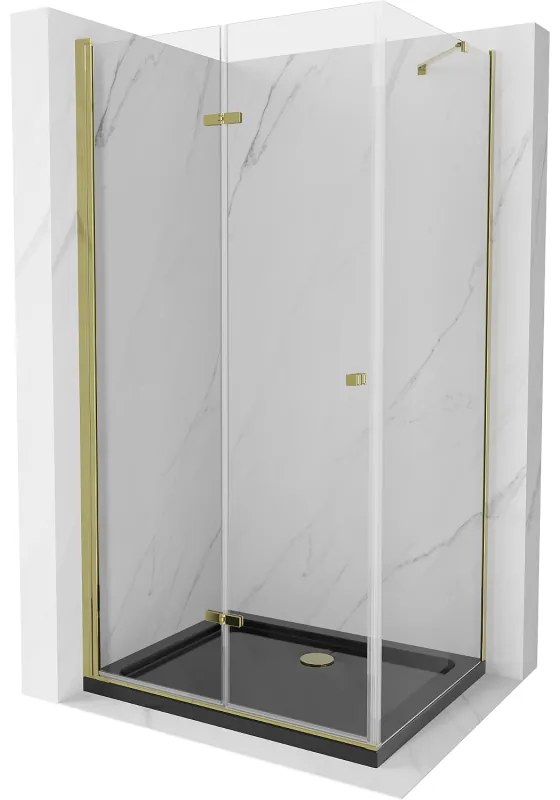 Mexen Lima, sprchový kút so skladacími dverami 100 (dvere) x 80 (stena) cm, 6mm číre sklo, chrómový profil + slim sprchová vanička čierna + zlatý sifón, 856-100-080-50-00-4070G