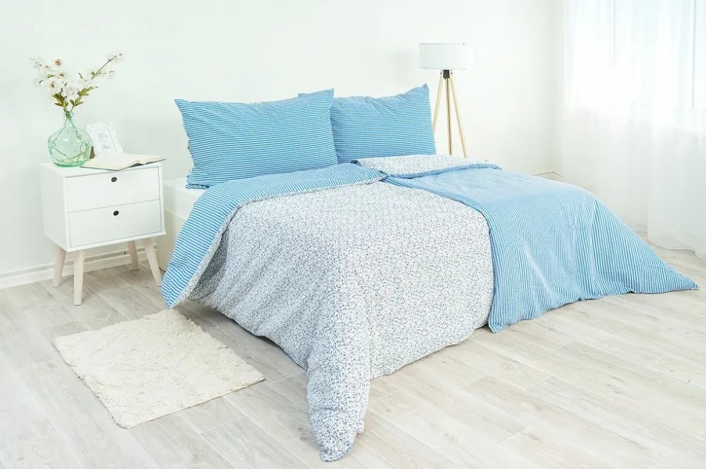 Obliečky 100% bavlna Kvietok pruh modrý 200x220/2x70x90 cm