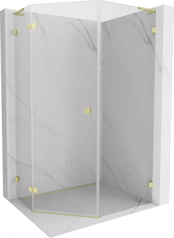 Mexen Lunar, L päťuholníkový sprchový kút naklápací doľava 80 x 100 cm, 8mm číre sklo, zlatý matný profil, 831L-080L-100P-55-00-L