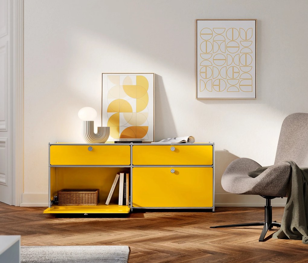 Kovová odkladacia skrinka »CN3« s výklopnými priečinkami a zásuvkami, žltá