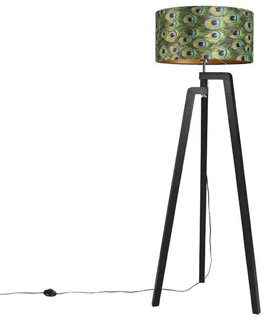 Stojaca lampa trojnožka čierna s tienidlom s motívom páva 50 cm - Puros