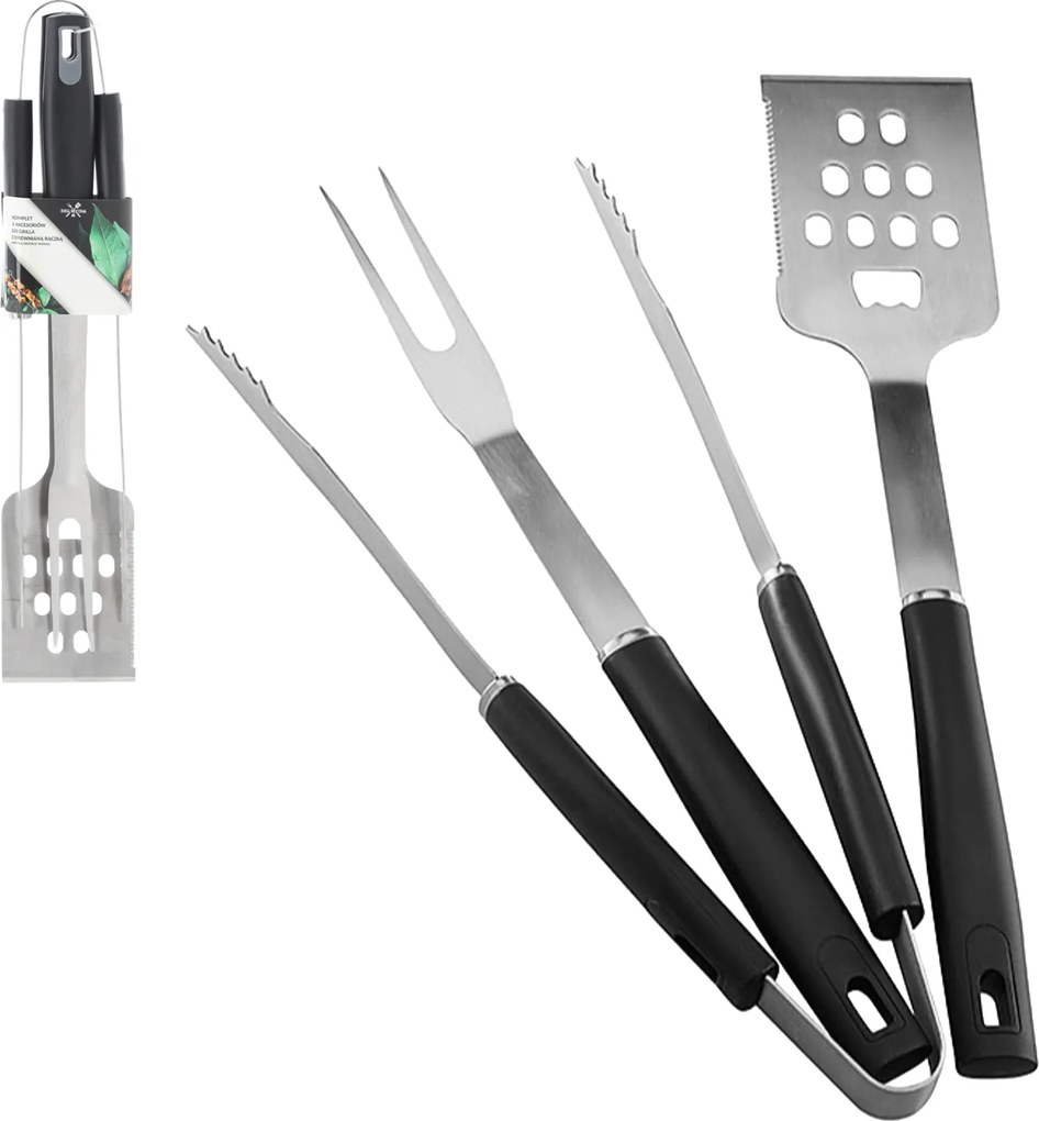 BBQ Meeting SADA 3 GRILOVACÍCH PRÍSLUŠENSTIEV S DREVENOU RÚČKOU ŠPATULA/KLEŠTE/VIDLIČKA *0933