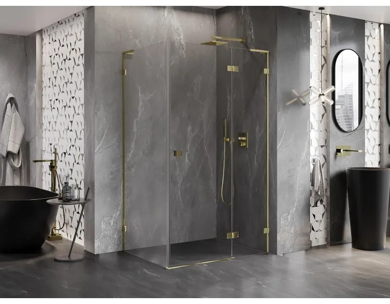 Mexen Lunar, L pravý výklopný sprchový kút 95 x 90 cm, 8mm číre sklo, zlatý profil, 834L-095-090-50-00-P