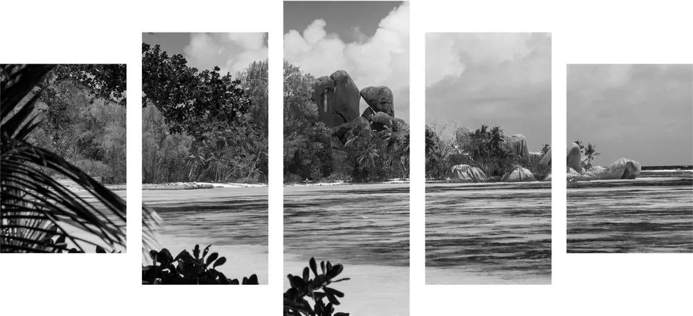 5-dielny obraz pláž na ostrove La Diguo v čiernobielom prevedení - 200x100