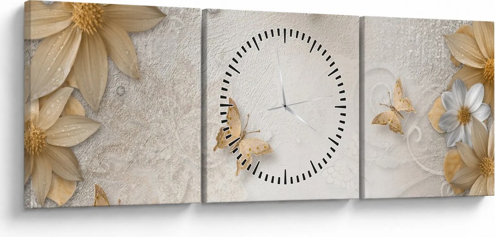 Obraz - Kvety s motýlikmi (s hodinami) (90x30 cm)