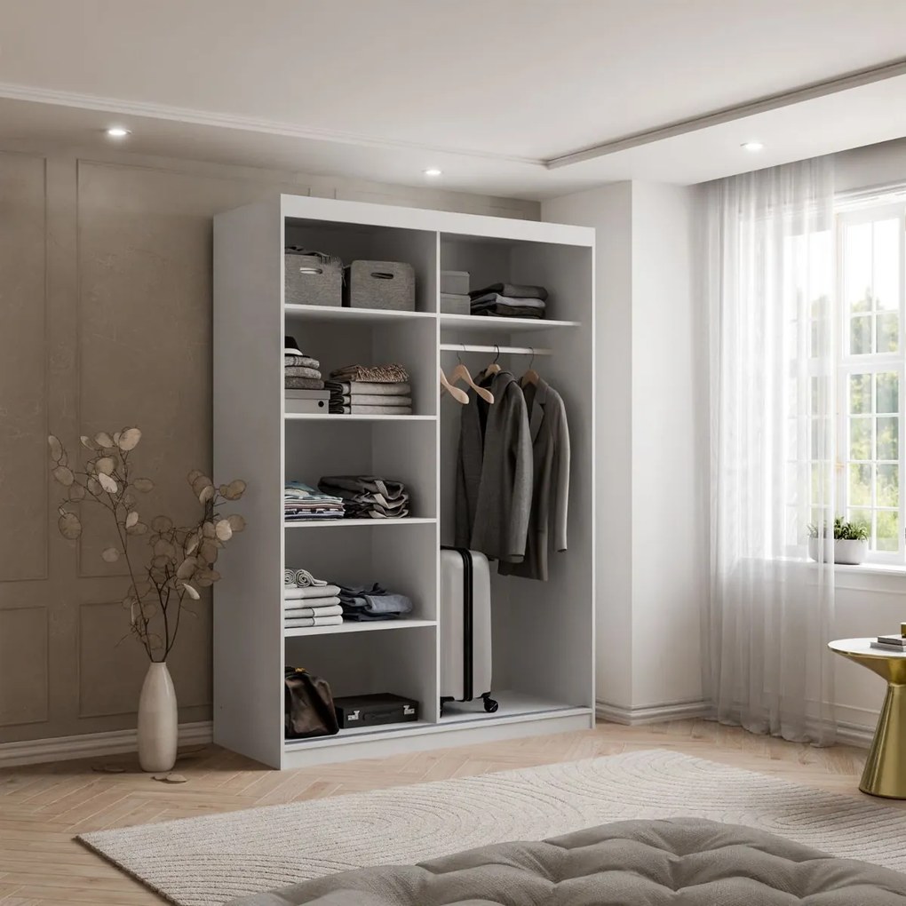 ŠATNÍKOVÁ SKRIŇA S POSUVNÝMI DVERAMI CYNTIA BIELA + ZLATÉ LIŠTY 150 cm